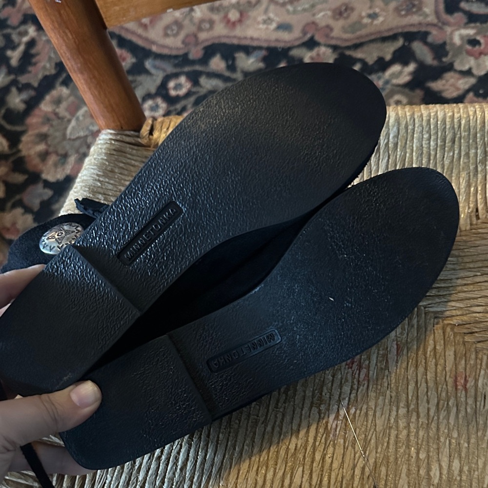 Minnetonka Black suede leather Moccasins with Decorative silver Buttons - Picture 10 of 12